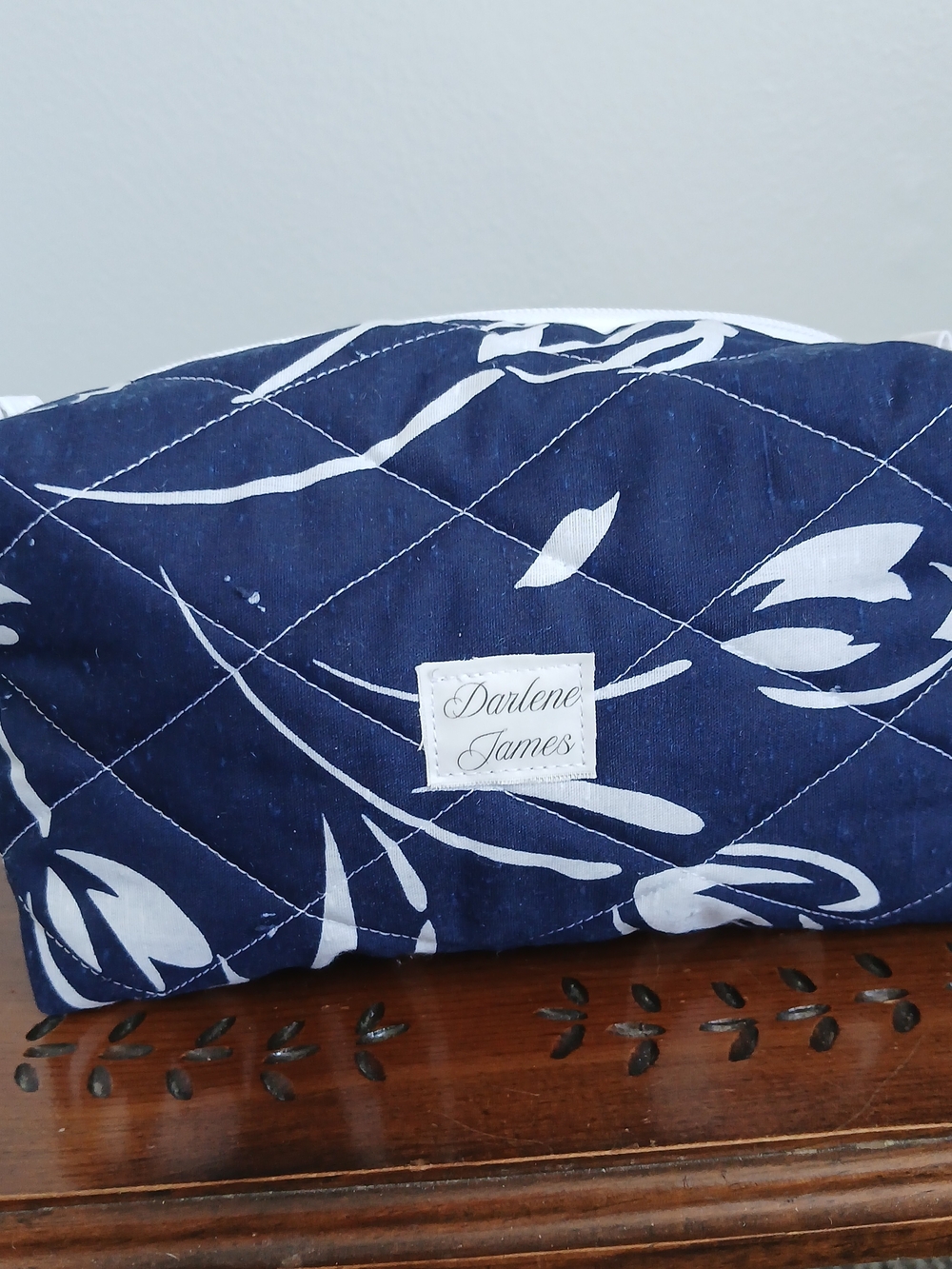 Darlene James Navy Quilted Floral Cosmetic Pouch
